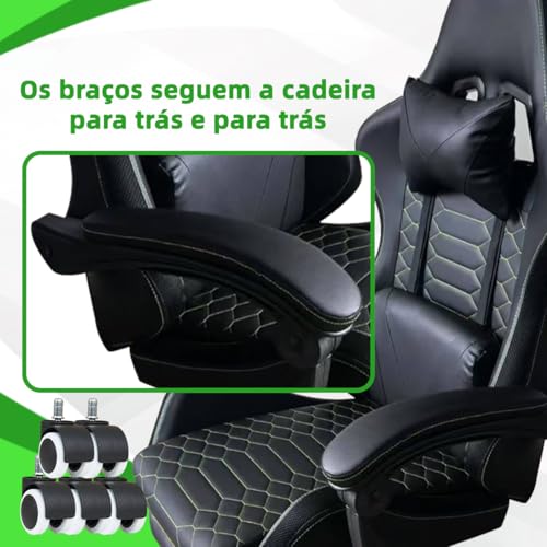 Cadeira Gamer Ergonômica com Conjunto de 5 Rodízios com Travão (Fixação Segura, Mobilidade Controle, Estabilidade) e Apoio Cervical Ajustável (Preto e Verde)