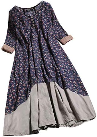 ドレス レディース Wyntroy 綿 送料無料新品 リネン 長袖 パッチワーク ゆったり 花柄 丸首 大人 大きいサイズ 散歩 お呼ばれ 普段着 ワンピース きれいめ ミモレ丈スカート 可愛い 女性 シンプル ミディスカート カジュアル