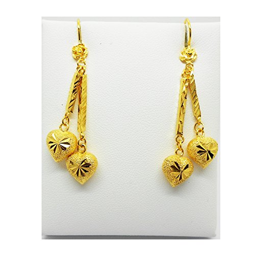 Heart Dangle Drop 18k 22k 24k Thai Baht Yellow Gold Plated Filled Earrings Jewelry