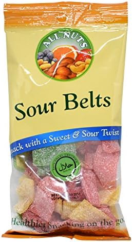 All Nuts 1 Pack Sour Belts Sweet Candy Halal Certified, 7.5oz Bag