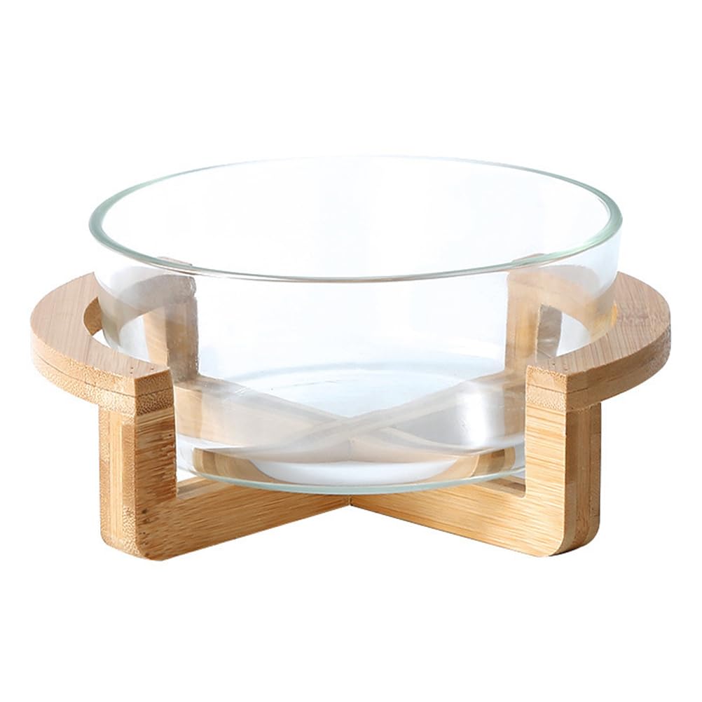 Cabilock Glass Salad Mixing Bowl with Wooden Stand, Large Trifle Bowl, Transparent Fruit Serving Dishes for Kitchen Dessert Cereal Snack (800ml)