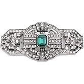 LARGE Antique Vintage Classic Art Deco Style Silver Tone Green Emerald Rhinestone Statement Bridal Wedding Brooch Pin