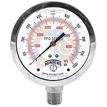 Winters PFQ Series Stainless Steel 304 Dual Scale Liquid Filled Pressure Gauge with Brass Internals, 0-5000 psi/kpa,2-1/2