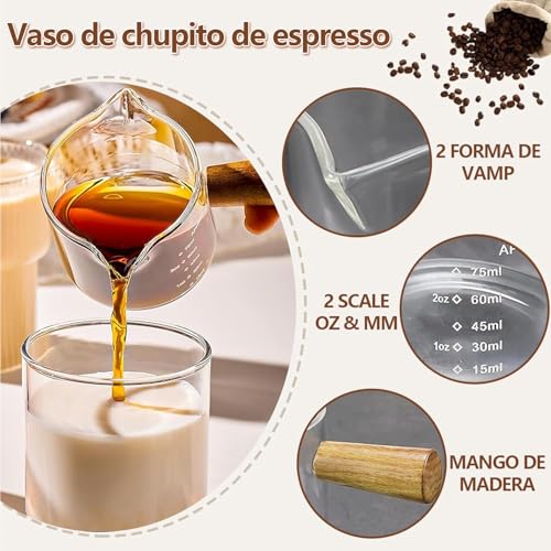 2PCS Taza Medidora Espresso, 15ml-75ml Taza de Café Medidoras Mango de Madera Tazas Medidoras Con Escala Vaso de,Adecuado para el Hogar, la Empresa y el Camping Espresso Cup.