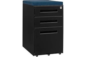 Laura Davidson Furniture STOCKPILE Seated 3 Drawer Mobile File Cabinet with Removable Magnetic Cushion Seat - Metal Filing Cabinet, Pre-Assembled, Black with Blue Cushion