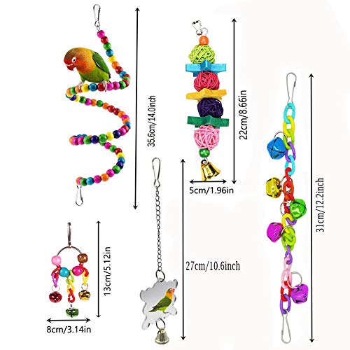7 Pcs Bird Parrot Toys, ESRISE Hanging Bell Pet Bird Cage Hammock Swing Climbing Ladders Toy Wooden Perch Mirror Chewing Toy for Small Parrots, Conures, Love Birds, Small Parakeets Cockatiels, Macaws,