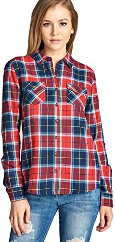 VDS Women's Long Sleeve Front Pocket Cowboy Plaid Shirts 100% Cotton T1390-NAVYBURGUNDY-LRG