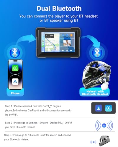 Rimoody Wireless Carplay Motorbike Ships Android Car, 7 Inch Touchscreen Portable Car Radio for Motorbikes, Wireless Carplay Display with Airplay/Android Cast/Dual Bluetooth/Navigation/IP67 Waterproof