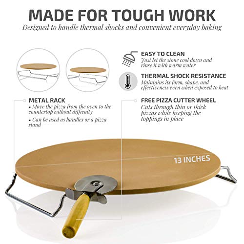 OVENTE Ceramic Flat 13 Inch Pizza Stone Set with Crust Cutter Wheel