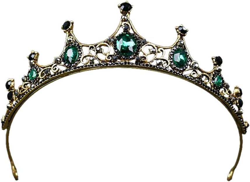 Lurrose Green Crystal Crown Golden Tiara with Black Rhinestone Decor Baroque Bridal Jewelry, Golden,Green,Black