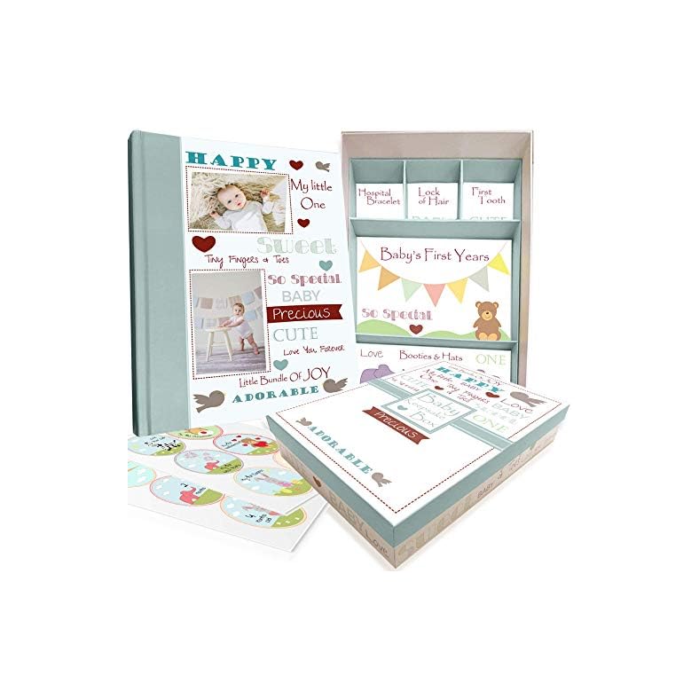 Baby Memory Book w/Keepsake Box & 30 Monthly & Baby First Milestone Stickers – Gender Neutral First Year Scrapbook…