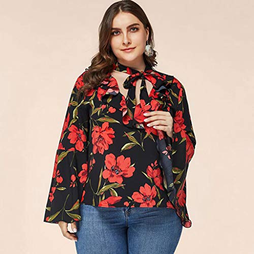 jiumoji Women Trumpet Sleeve Blouse Frint Tie Neck Floral Printing Tops Large Size Loose Elegant Shirt (-Red, XXXL)