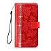 S6 Active Case, Cellularvilla [Stand Feature] Flower Texture Wallet Case [Diamond Jewel] Premium [Bling Luxury] Pu Leather Flip Cover [Card Slots] for Samsung Galaxy S6 Active G890 (Red Bling)
