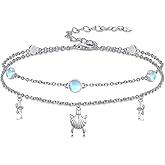Qyvit Wave/Sea Turtles/Dolphin Bracelet/Anklet 925 Sterling Silver Adjustable Moonstone Bracelet/Anklet Summer Ocean Jewelry Gifts for Women