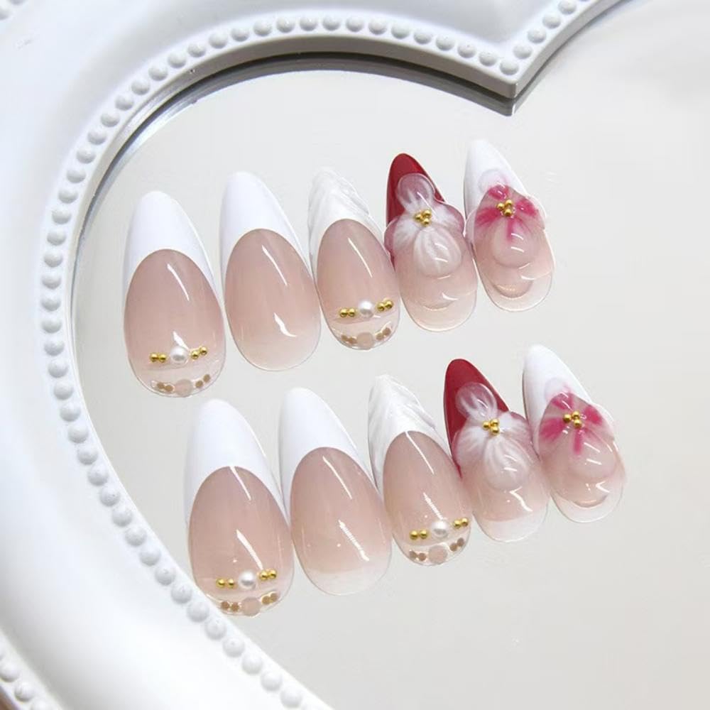 Flower Press on Nails White French Tip Fake Nails Medium Almond False Nails with Pearl Design 5D Floral Glue on Nails Glossy Artificial Acrylic Full Cover Spring Stick on Nails for Women Manicure - Image 3