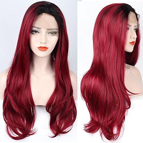 ZeroBlizzard Long Straight Wave Wig Red Wine 2 Tone Ombre Synthetic Lace Front Wigs Wavy Pre Plucked Burgundy Wig With Baby Hair and Bleached Knots for Women (24inch, Wine Red)