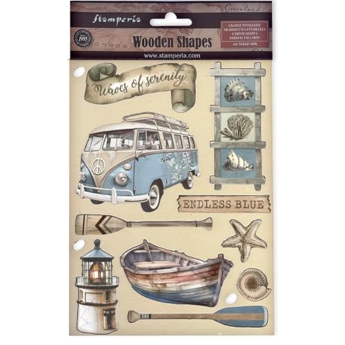 Stamperia - Coloured Wooden Shapes for Scrapbooking, Albums, Cards, and Bullet Journals, Laser Cut, Printed for Enhanced Detail, Perfect for Crafts and Gifting (Silent Sea, Endless Blue) (A5)