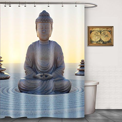 Meditation of Buddha Stone Fabric Shower Curtain Sets by FOOG Zen Garden Sand Massage Stone Sunrise Waterproof Mildrew Resistant -Sand Brown Beige Grey (70"Wx78"L)