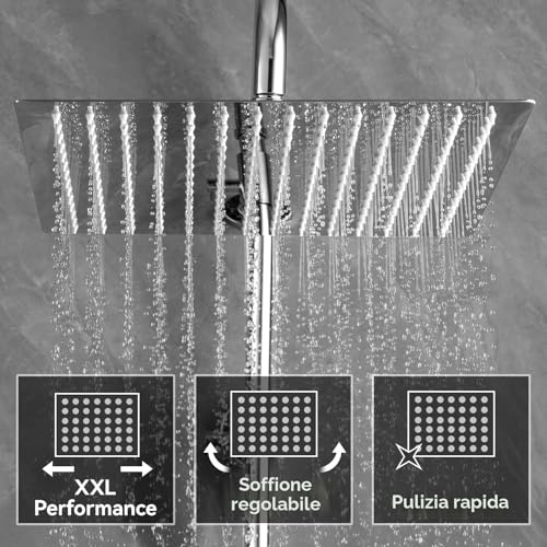 Auralum Chrome Thermostatic Shower Column with Mixer, Complete Set Rainshower 30 cm Stainless Steel, Adjustable Rod 88-124 cm and Hand Shower with 6 Modes of Use, Complete Shower Head