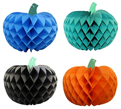 10 Inch Honeycomb Tissue Paper Pumpkin Decoration, Set of 4 (Black, Teal, Turquoise, Orange)