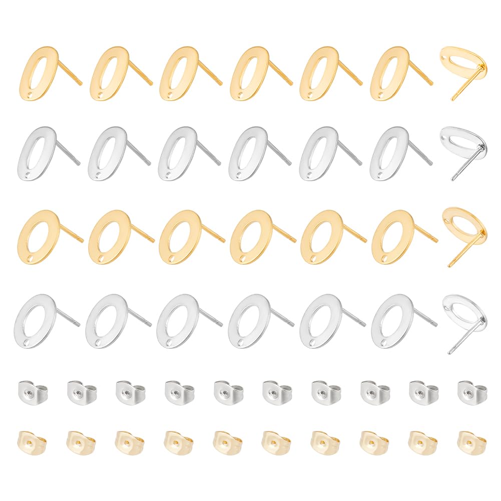 UNICRAFTALE 56 Pcs 2 Colors 2 Styles Oval Hollow Round Ear Stud Stainless Steel Stud Earring Findings with Hole and Earring Backs Post Earring for DIY Jewellery Making