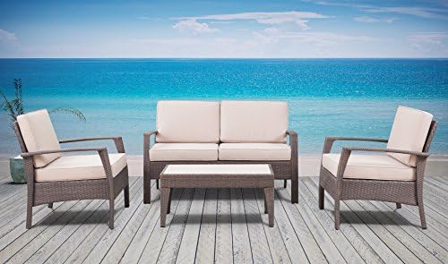 The Laguna Beach Collection - 4 Pc Outdoor Rattan Wicker Sofa Sectional Patio Furniture Set. Choice of Set &amp; Cushion Color (Dark Brown / Ivory Cushions)