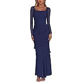 Nova In Sky Women's Wedding Guest Dress Maxi Long Sleeve Mesh Ruffle Formal Bodycon Mermaid Evening Cocktail Long Dress
