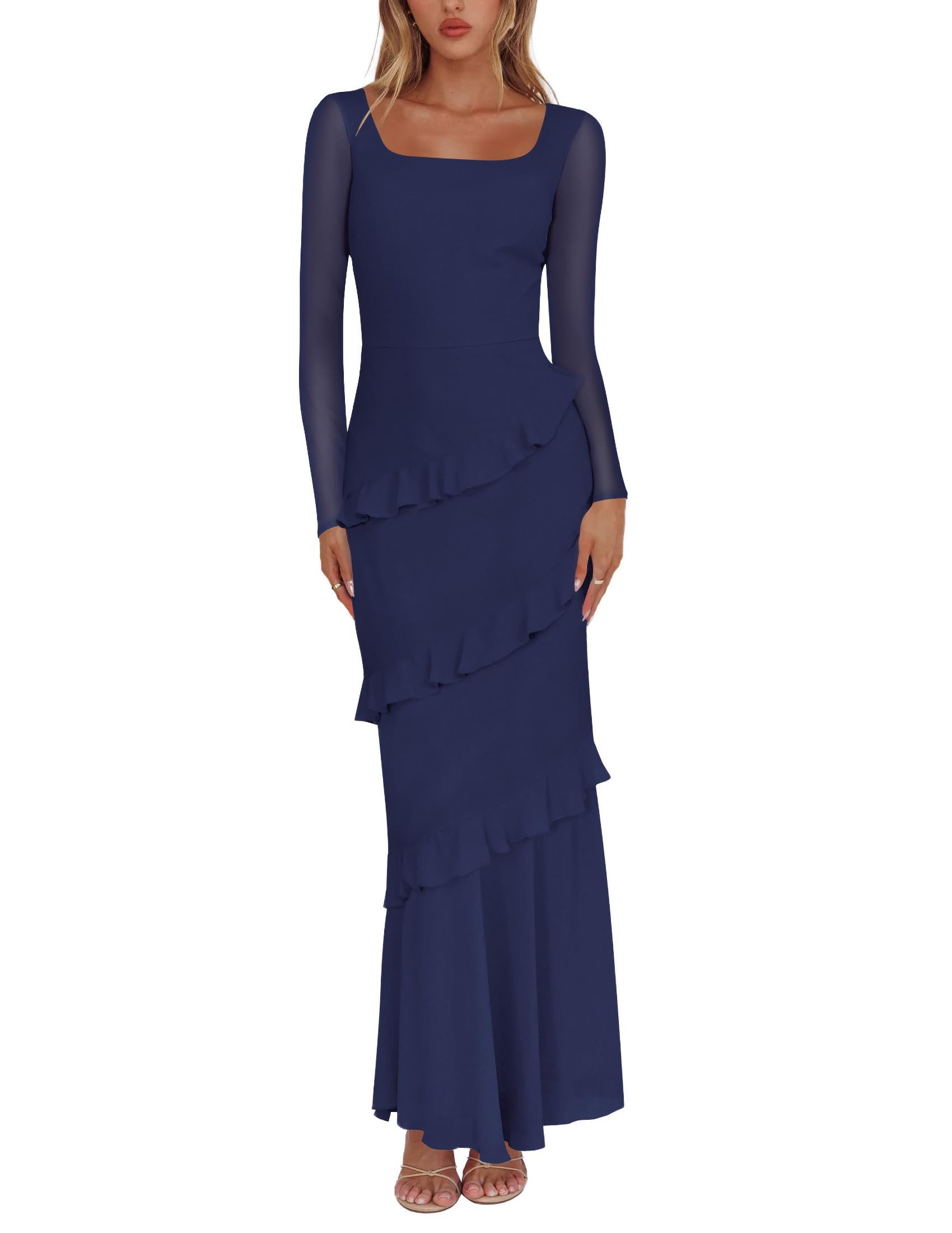 Photo 1 of Nova In Sky Women Elegant Square Neck Long Sleeve Mesh Ruffle Hem Bodycon Maxi Casual Mermaid Cocktail Party Long Dress Navy Blue L