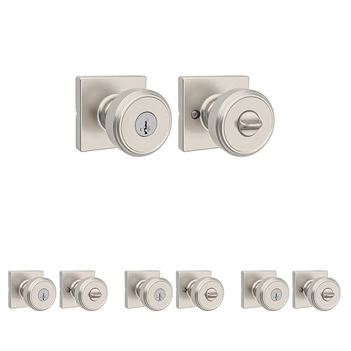 Kwikset Maven Entry Door Knob with Lock and Key, Secure Keyed Handle Exterior, Square Front Entrance and Bedroom, Satin Nickel, Pick Resistant SmartKey Rekey Security and Microban (Pack of 4)