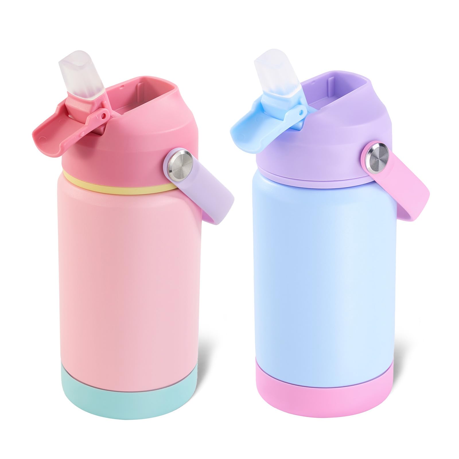 Kerilyn 12oz Kids Water Bottle 2 Pack, Stainless Steel Insulated Water Bottle Bulk, Toddler Cups with Straws Leak-Proof, Kids Water Bottles for School Boys Girls, Cerulean + Charm Pink 2 Piece Set Image