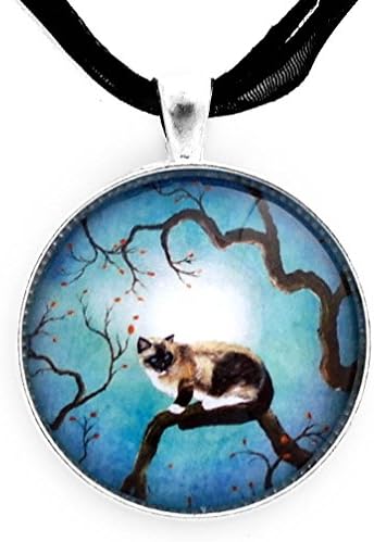 Snowshoe Siamese Cat Pendant Necklace Teal Blue Moon Moonlight Zen Tree Branch Handmade Jewelry