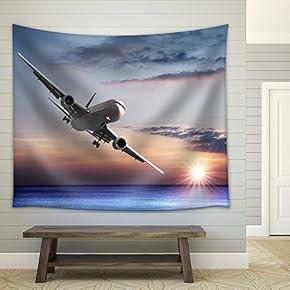 Jet Aircraft Over The Sea - Fabric Wall Tapestry Home Decor - 51x60 inches