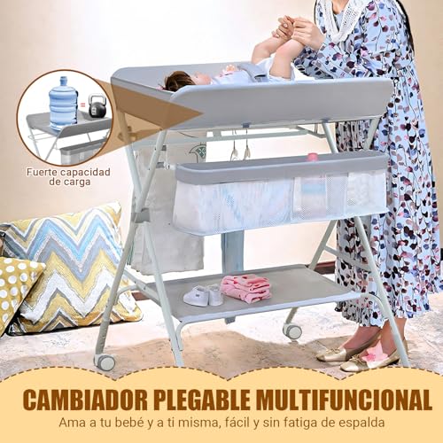Cambiador para Bebe, Gris Multifuncional con Altura Ajustable, Mueble Cambiador para Bebe, Plegable con Ruedas, Cómoda Cambiador para Bebe, 3 Alturas Ajustables, con Barra Secar Ropa, Canasta Almacenamiento, Ruedas silenciosas universales