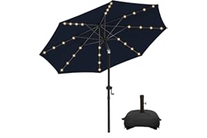 wikiwiki 9FT Solar Led Patio Umbrella with Base, Sturdy Outdoor Market Umbrella for Deck, Pool, Garden w/Tilt, Crank, 32 LED Lights, Navy Blue
