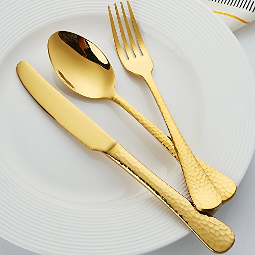 Buyer Star 5-Pieces Flatware Set, Gold Silverware Utensils Stainless Steel Reusable Wedding Dinnerware Cutlery Set, Dessert Spoon Teaspoon Table Knife and Fork - Thumbnail 3