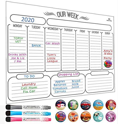 Photo 1 of Magnetic Weekly Dry Erase Board Calendar Whiteboard - Magnetic Weekly Planner for Refrigerator - Stain Resistant Nano Technology - 3 Fine Tip Markers and Eraser