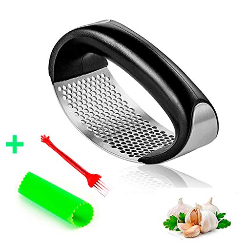 Convallaria Garlic Press + Silicone Garlic Peeler + Cleaning Brush, Stainless Steel Garlic Crusher Chopper Mincer Press Kitchen Gadget Tool with ABS Handle - Kitchen Gadgets Accessories