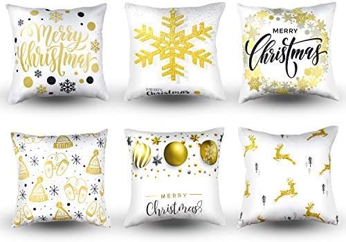 MENOLY 6 PCS Christmas Throw Pillow Cover Pillow Cases Cushion Couch Covers Gold Stamping Print Snowflake Merry Christmas Deer Throw Pillow Case 18 x 18 Inch for Christmas Decorations
