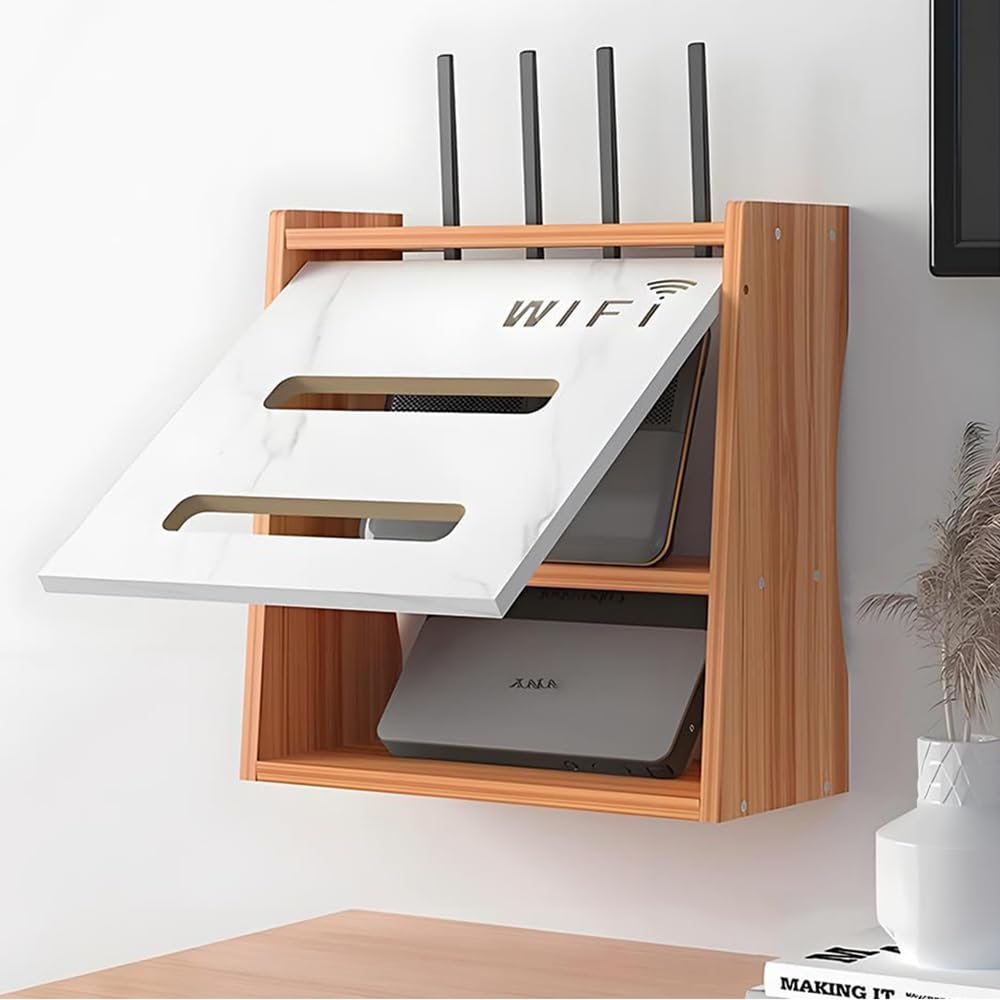 Router Cabinet, Router Shelf, 2-Tier Router Storage Box, Wall Mounted/Desktop, Router Storage Rack for Storage Hub, Plug, Internet Cables, Devices etc. (Brown)