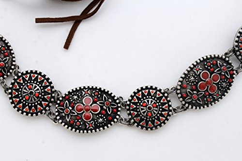 TFJ Women Fashion Brown Tie Belt Bohemian Vintage Silver Metal Charms Red Flower S M