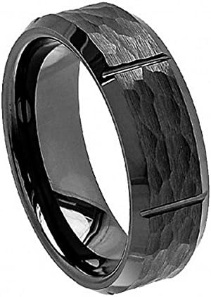 8mm Black Ceramic Wedding Band Ring Brushed Hammered Center Vertical Grooves Shiny Beveled Edge (14)