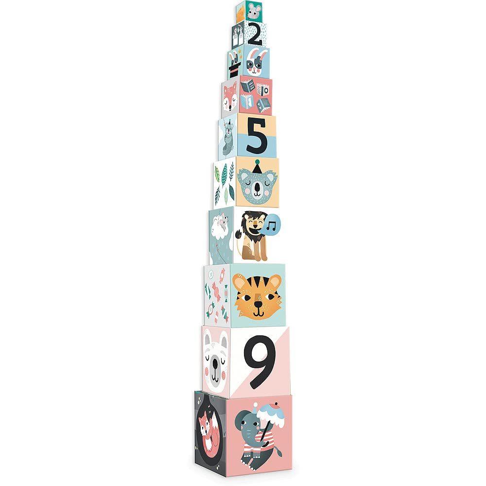Vilac Thick Cardboard Stacking, Balancing Game, Montessori Learning Toy, 2 Years+, 14 x 14 x 87 cm, 5 Sides Illustrated By Michelle Carlslund (Animal, Number, Activities) 10 Nesting Cubes Softness