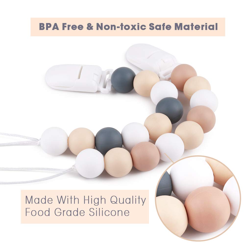 Pacifier Clip, TYRY.HU Silicone Teething Beads Binky Holder Soothie Teether Clips for Baby Boys or Girls, 2 Pack (White+Grey) : Baby