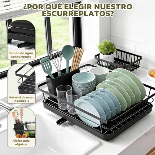 Ribech Compact Black Dish Drying Rack – Dries Tableware and Cutlery, Space Saving in Small Kitchens, with 360° Drain to the Sink, Stainless Steel, 30.5 x 38 x 12.5 cm