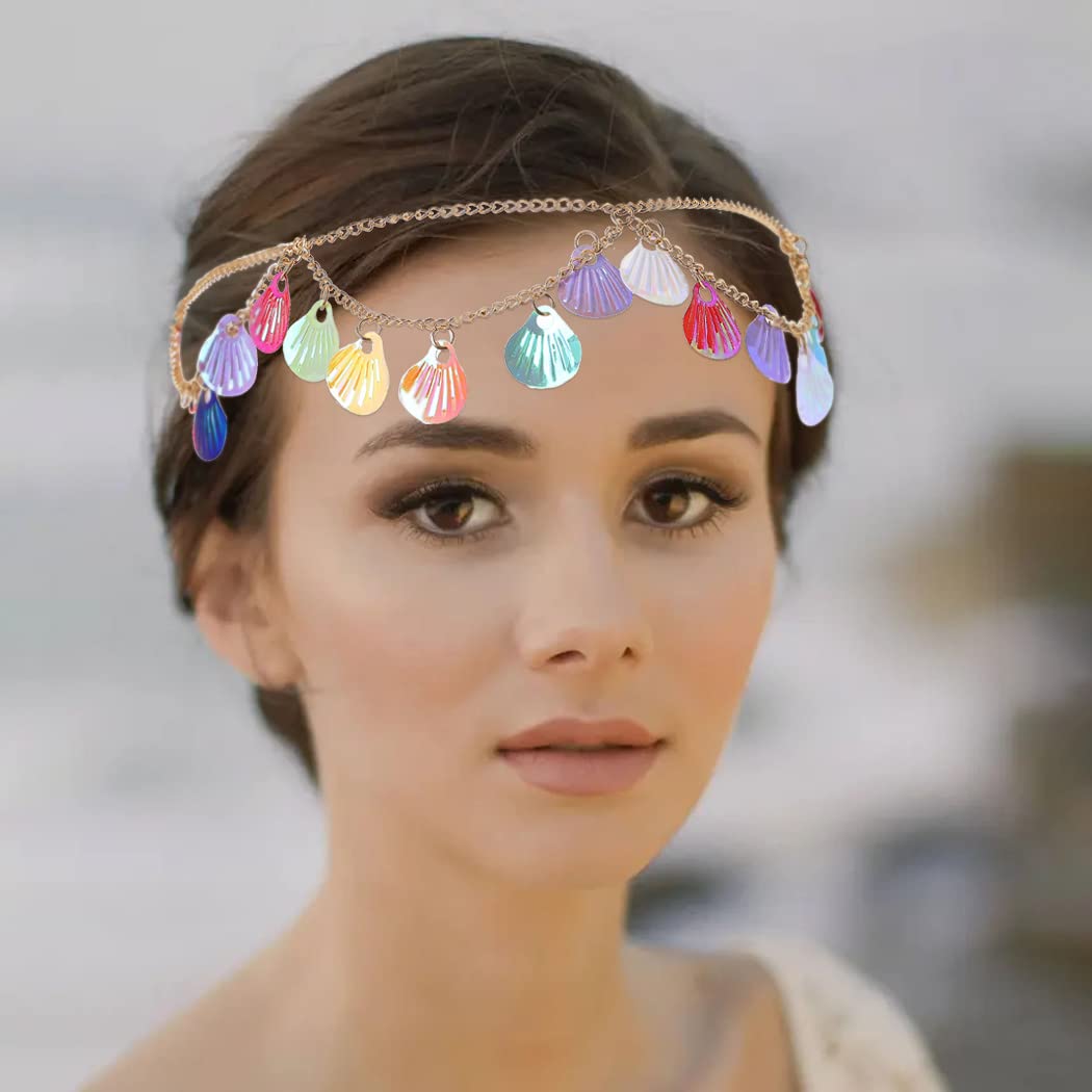 IYOU Boho Shell Head Chain Gold Sequin Tassel Headpiece Cosplay Layered Carnival Halloween Hair Pieces Accessories for Women