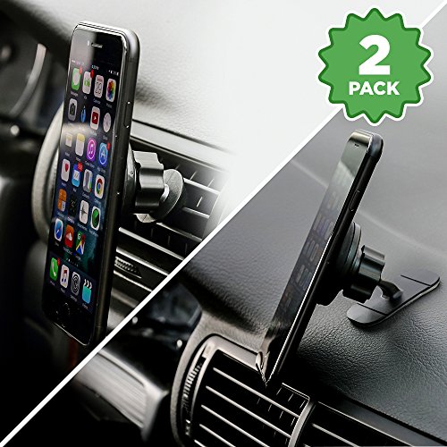2-for-1 Magnetic Phone Holder for Car (2-Pack), Mount Phone or GPS to Dashboard or Air Vent, Extra-Strong Magnets, Fits Iphone X 8 7 6 5 Samsung Galaxy S8 S7 S6, LG V30 HTC One, Nokia Phones & More