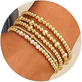 M MOOHAM Gold Beaded Bracelets for Women - Dainty 14K Gold Plated Beaded Ball Pearl Cross Bracelet Set Stack Stretch Bracelet for Women Trendy Non Tarnish Adjustable Jewelry Gifts
