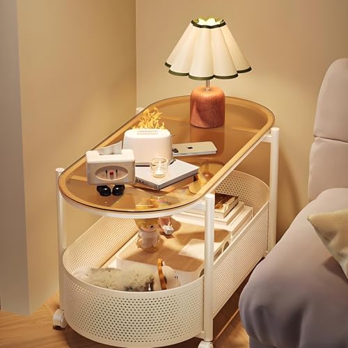 ALISMAEEL Coffee Table Movable Round Side Table 2-Tier End Table with Braked Universal Wheels, Open Double-Layer Storage Scratch-resistant High-temperature, Easy-to-clean Glass (60 * 40 * 50 cm)