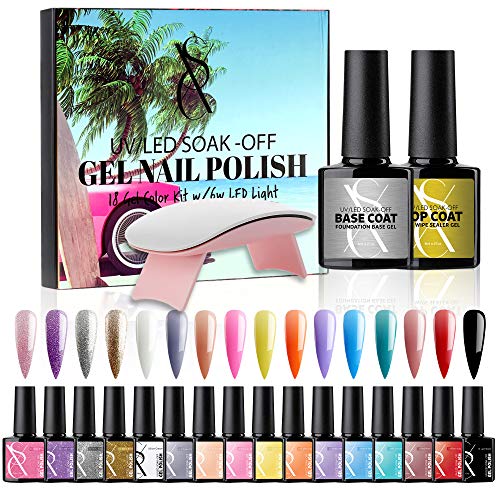 SXC G-03 Gel Nail Polish Set - 16 Color Gel Nail Color kit with No Wipe Base and Top Coat and 6W UV/LED Lamp Light 18 PCS Soak Off Gel Nail Varnish Starter Manicure Kit
