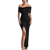 GOBLES Women's Elegant Strapless Ruffle Shoulder Short Sleeve Side Split Bodycon Ruched Formal Dress
